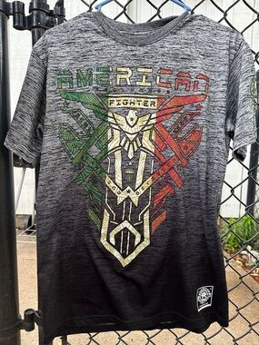American Fighter Gray Ombre Short Sleeve Tee with Green, Yellow & Red Graphic